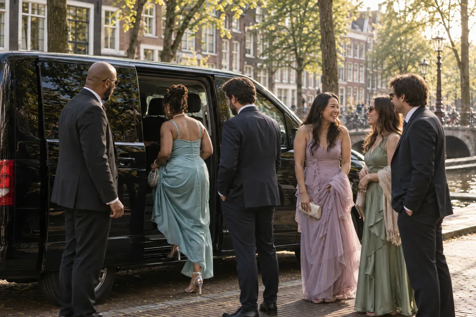 Wedding guests in suits and long dresses get into a black taxi van by a canal, the driver waiting at the open door.