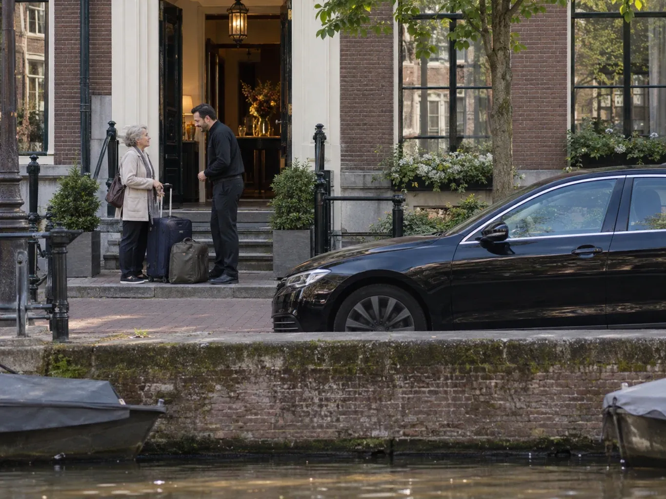 Voor een hotelingang aan de gracht staat een gast met bagage in gesprek met de portier, een zwarte auto wacht langs de kade.